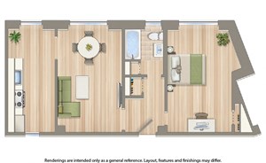 one bedroom floor plan rendering at the dahlia apartments in washington dc